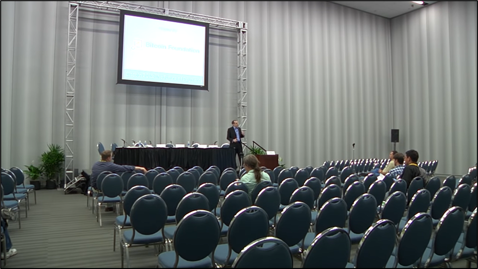 May 2013: Antonopoulos speaking to a sparse audience at the San Jose Bitcoin Conference 